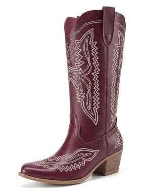 Women's Red Polyurethane Cowgirl Toe boots Embroidery Chunky Heel Mid-Calf Boots
